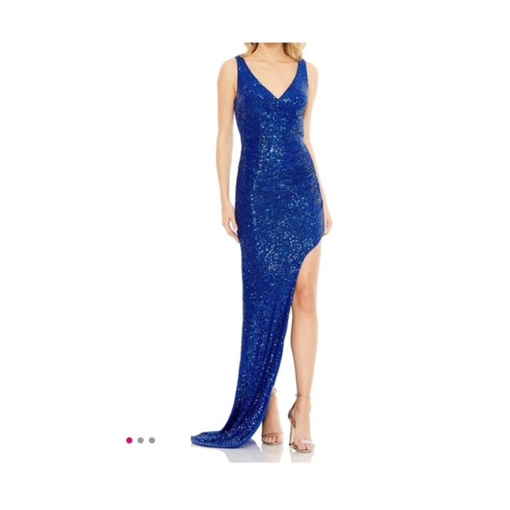 NWT Mac Duggal IEENA Sequined Draped Faux Wrap Asymmetrical Hem Gown
